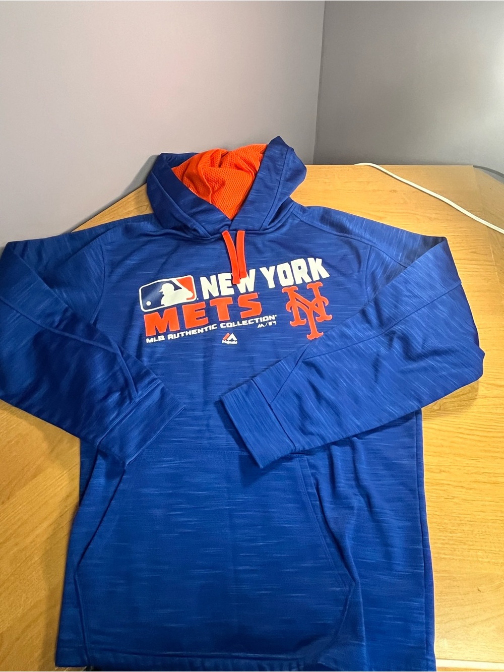New York Mets Sweater Mens L Blue Hoodie Sweatshirt Majestic Thermabase Fleece